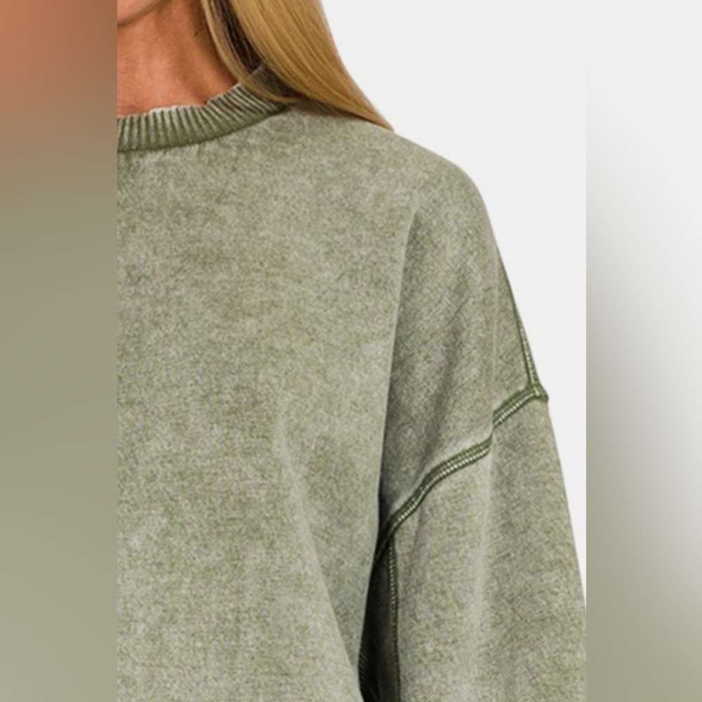NEW Zenana 90s Olive Green Acid Wash Oversized Crewneck Sweatshirt - Picture 2 of 3